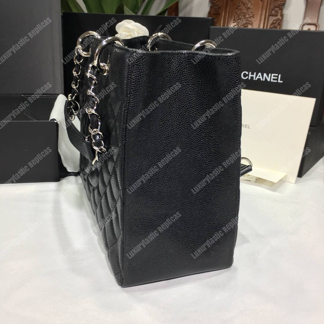 Ch*el large shopping tote silver tone black