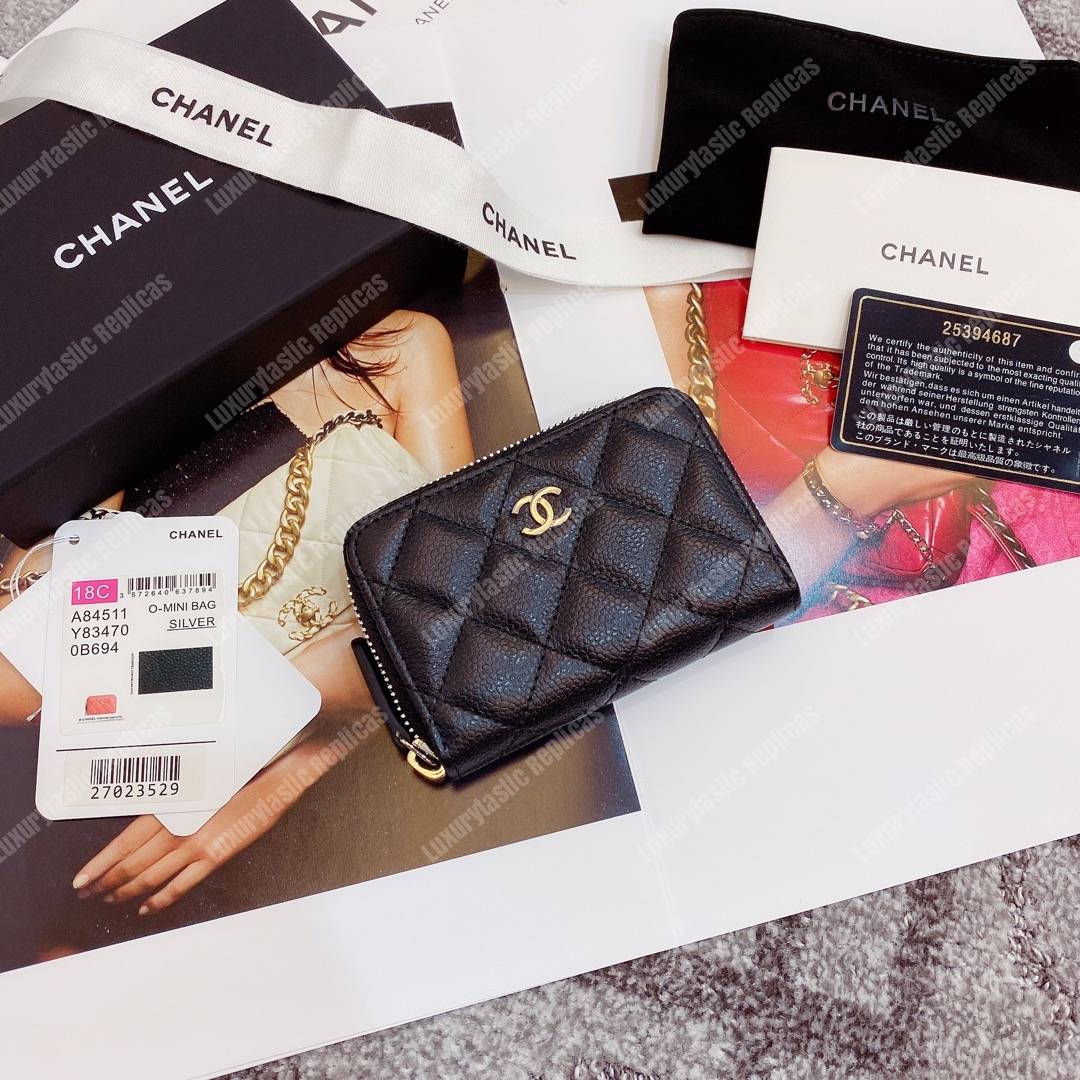 Ch*el classic zipper coin purse silver tone black