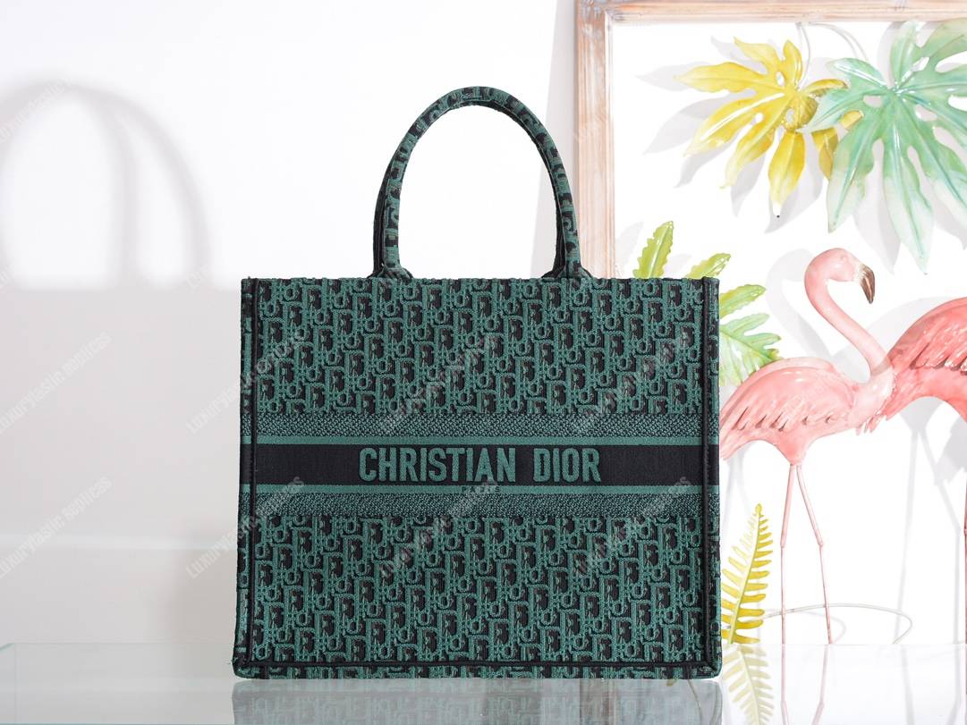 D*or book tote bag in embroidered canvas green black D*or oblique