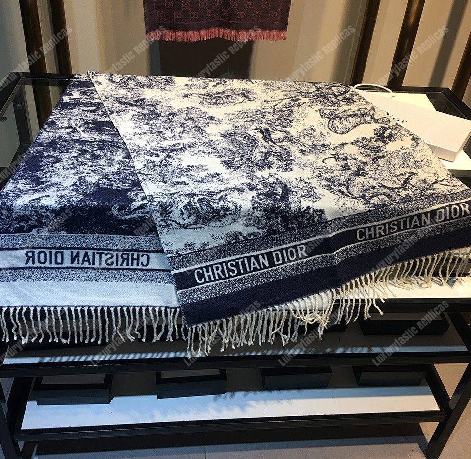 CD Toile de Jouy Stole Blue Cashmere & Wool