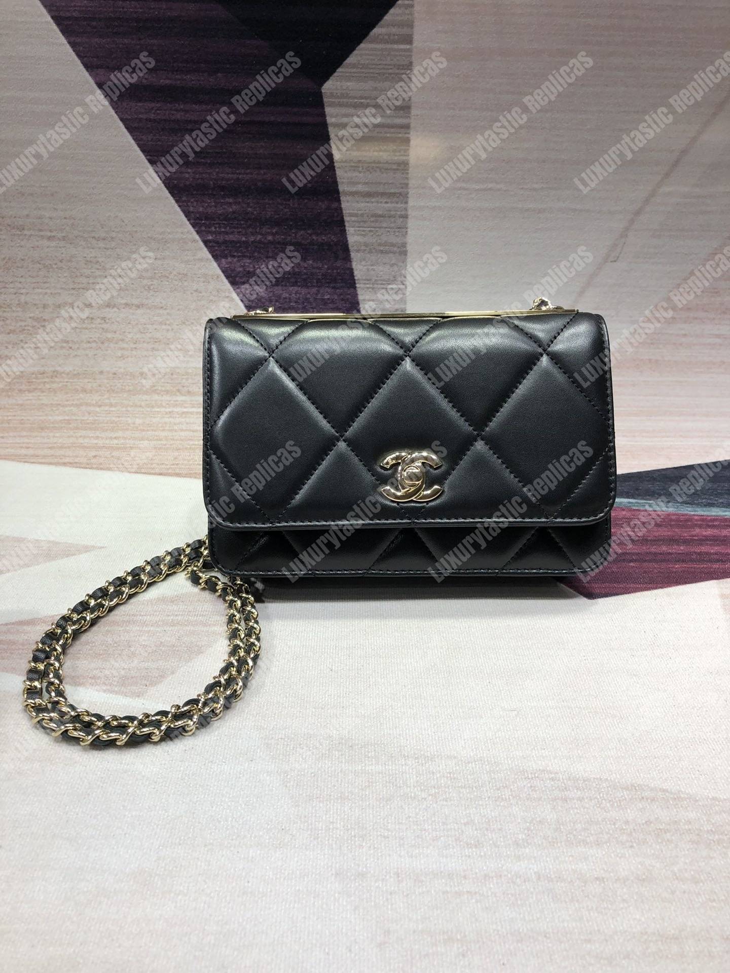 Ch*el wallet on chain – woc lambskin gold-toned metal black