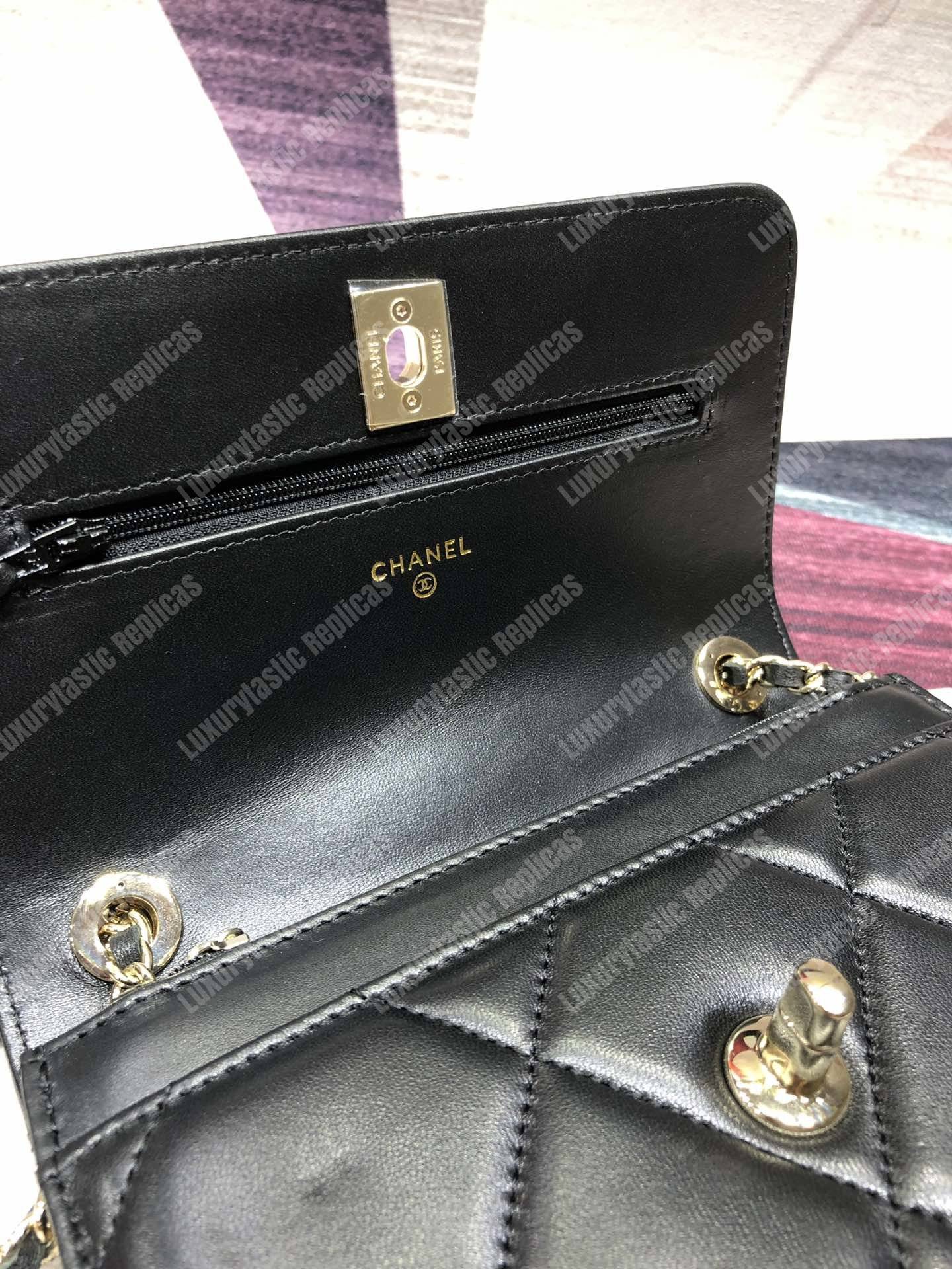 Ch*el wallet on chain – woc lambskin gold-toned metal black