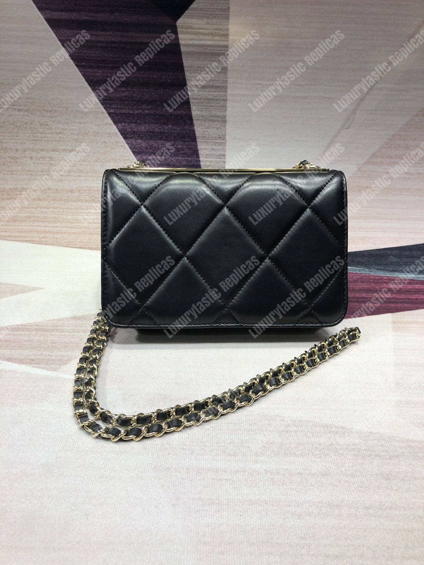 Ch*el wallet on chain – woc lambskin gold-toned metal black