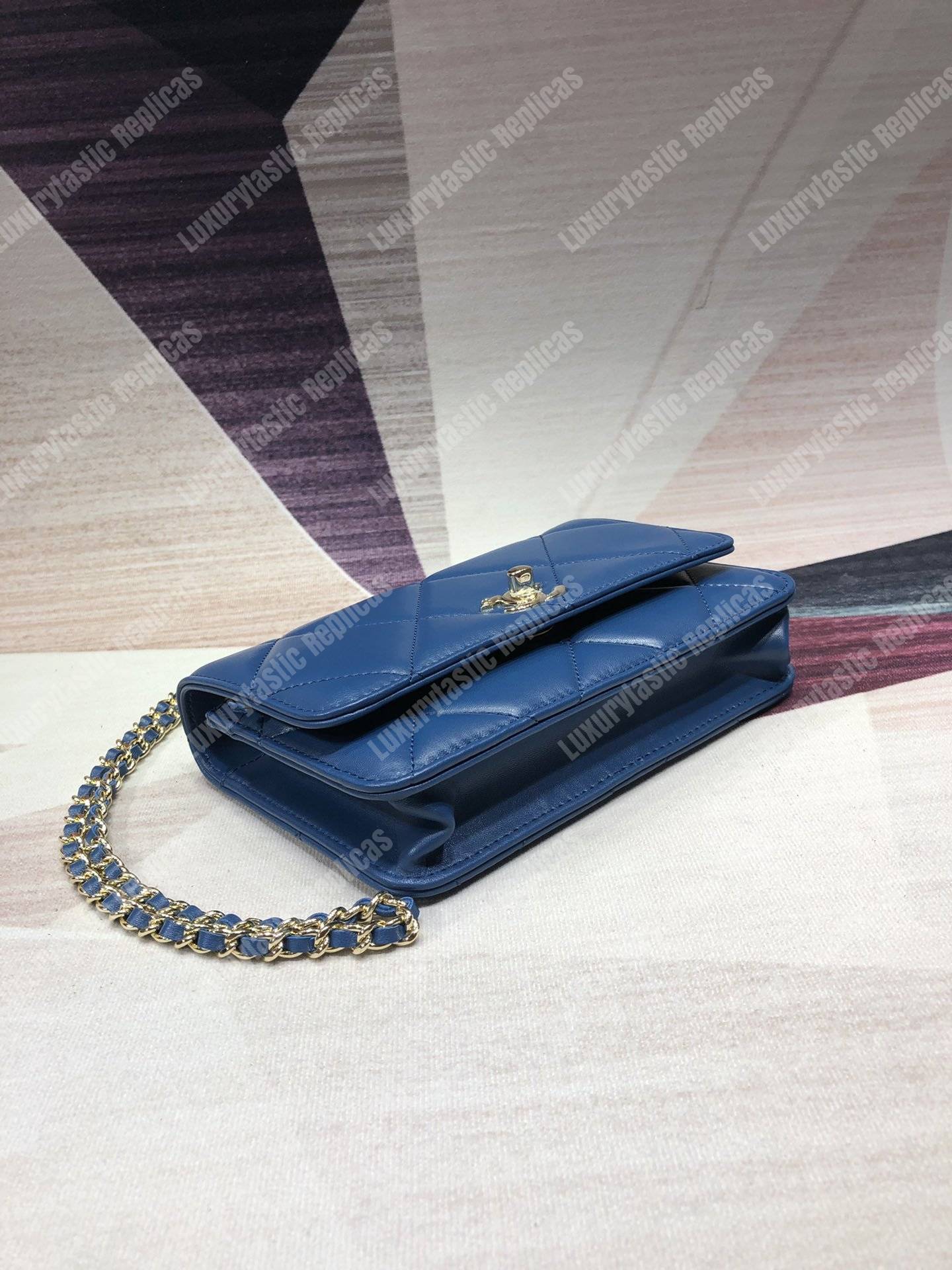 Ch*el wallet on chain – woc lambskin gold-toned metal blue