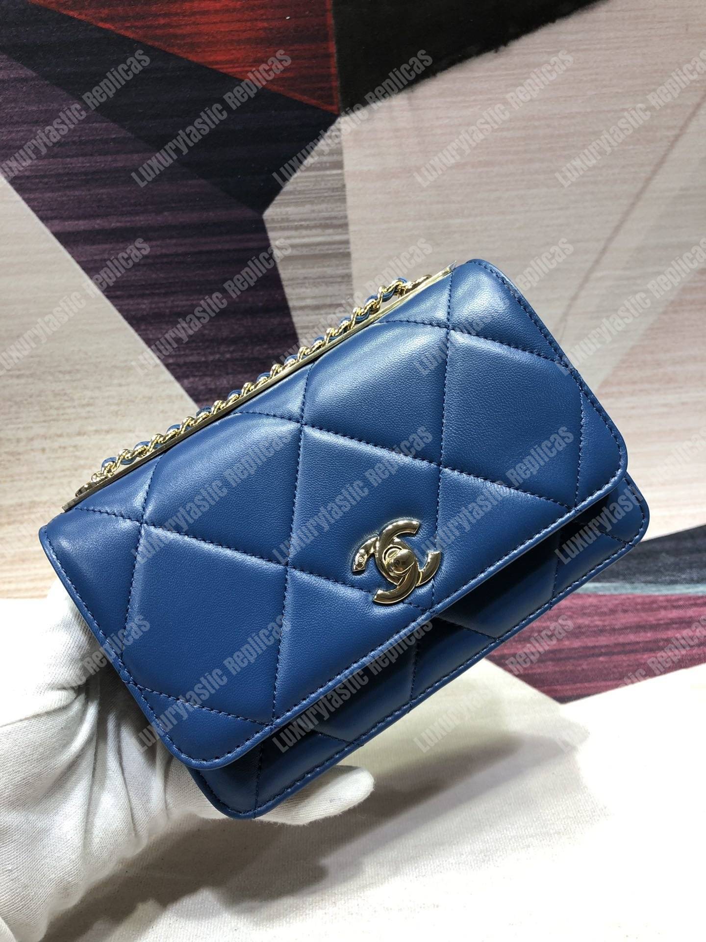 Ch*el wallet on chain – woc lambskin gold-toned metal blue