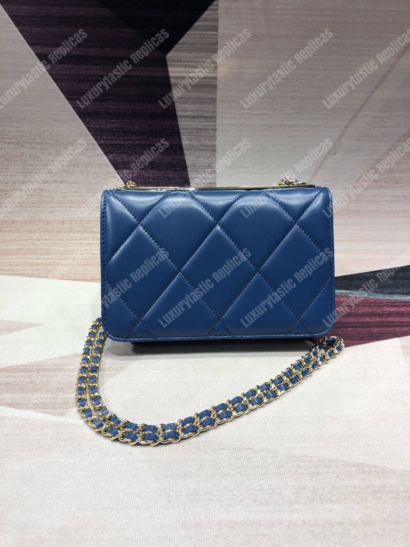 Ch*el wallet on chain – woc lambskin gold-toned metal blue