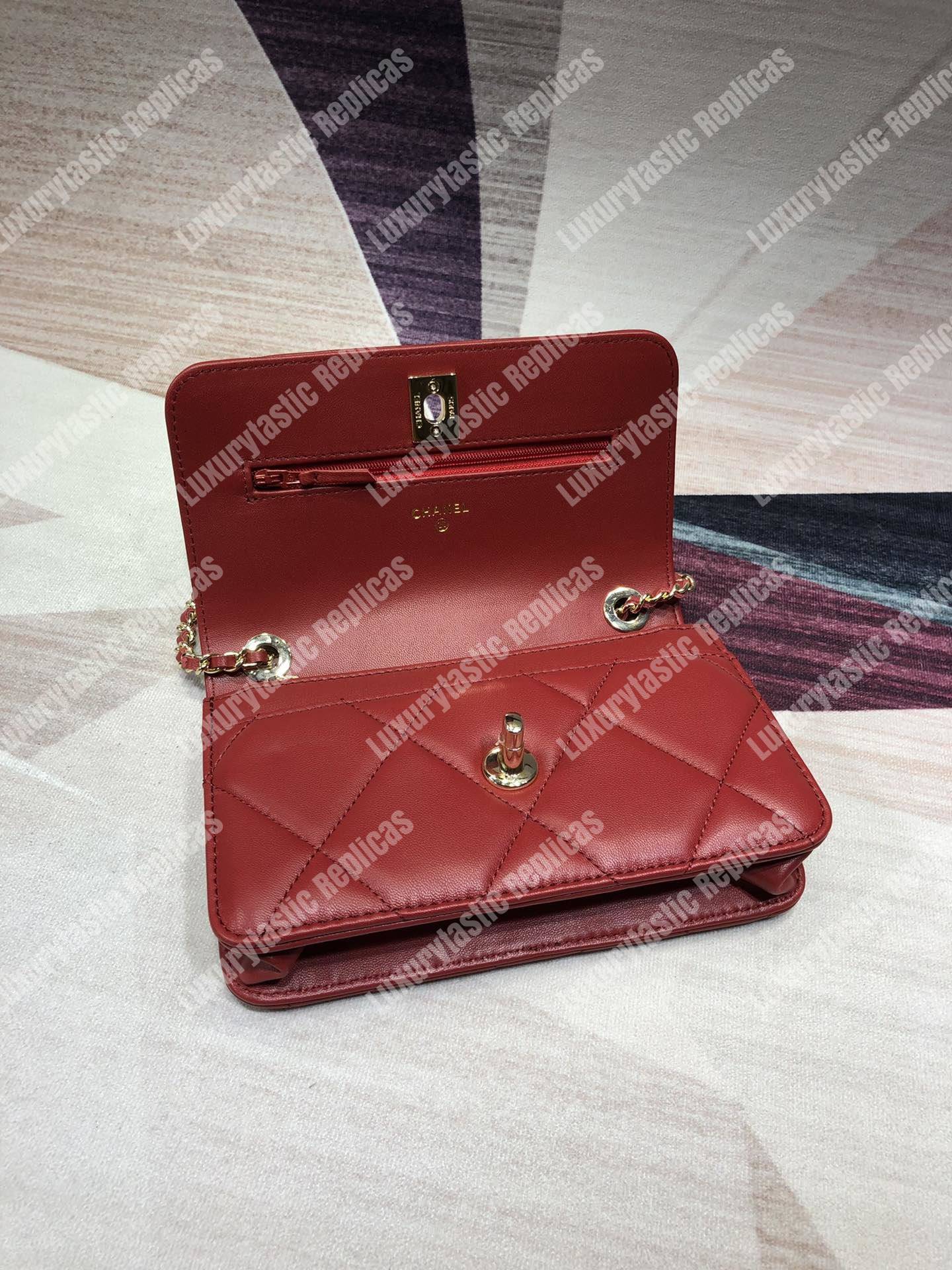 Ch*el wallet on chain – woc lambskin gold-toned metal burgundy