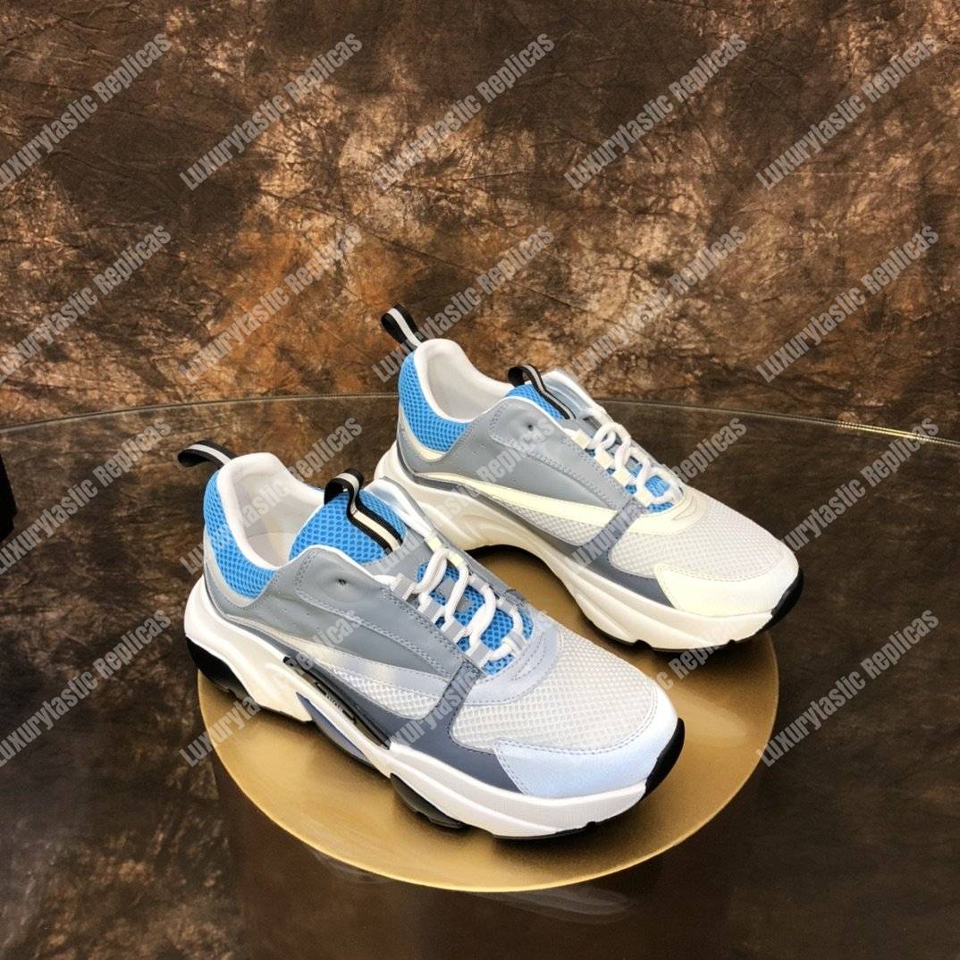 D*or b22 sneaker in white and blue technical mesh and gray calfskin