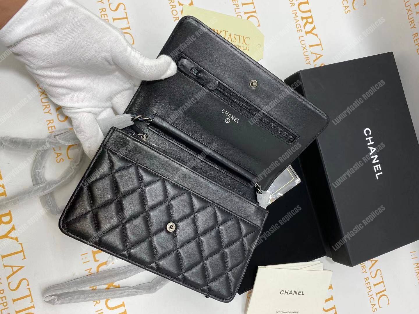 Ch*el le boy wallet on chain – woc black quilted lambskin silver-toned