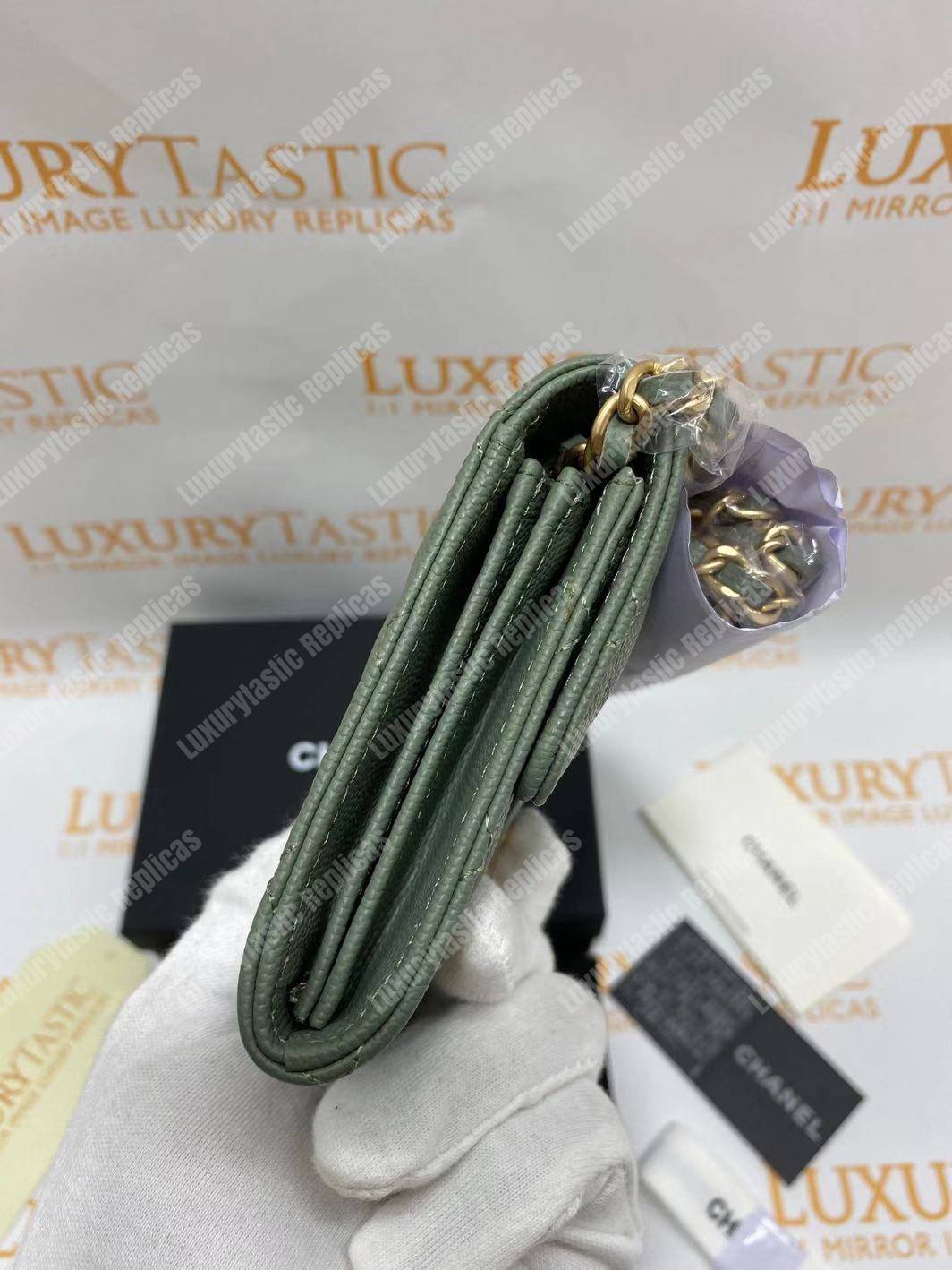 Ch*el classic clutch with chain – cwc caviar pistachio gold-toned