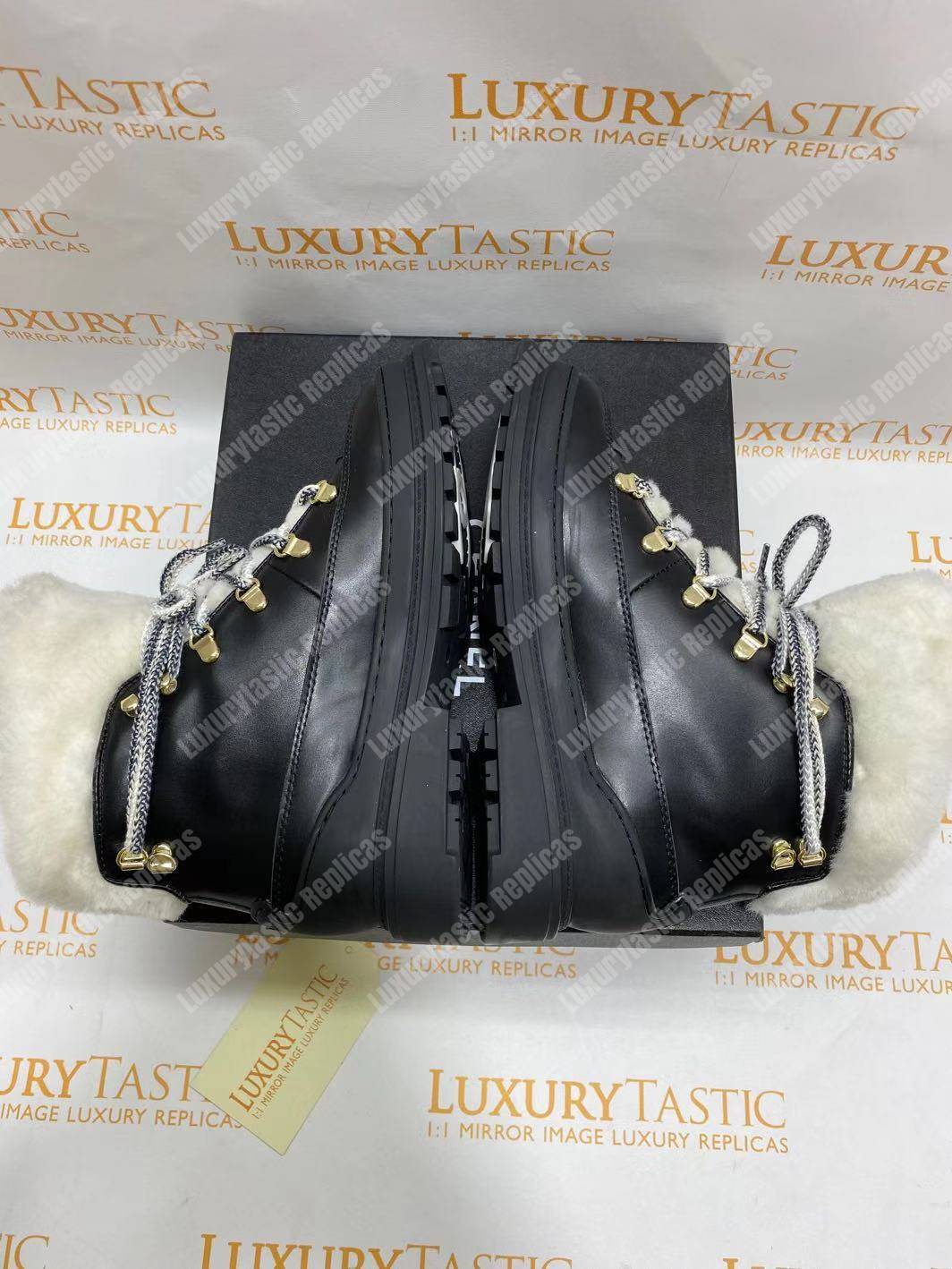 Ch*el round toe lace-up leather boots black / white