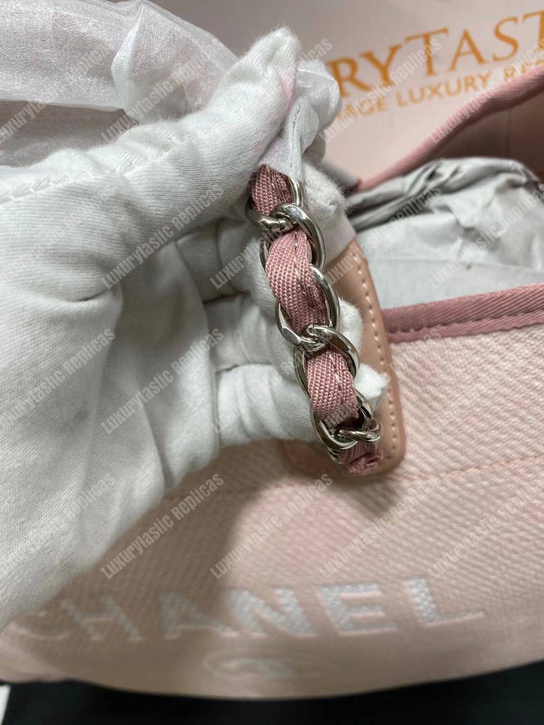 Ch*el deauville fabric tote rose pink/white