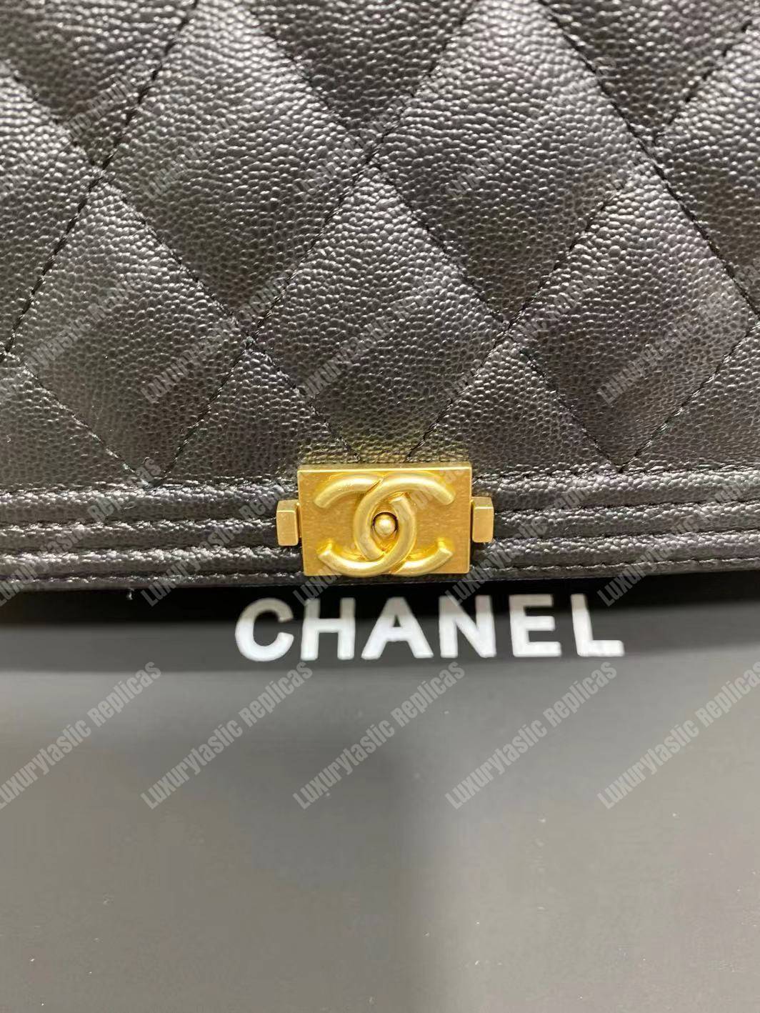 Ch*el le boy wallet on chain – woc grained calfskin gold-toned black