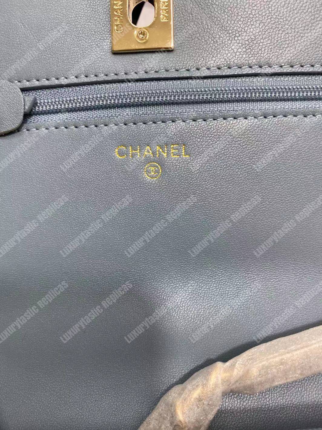 Ch*el wallet on chain – woc chevron lambskin gold-toned metal light blue