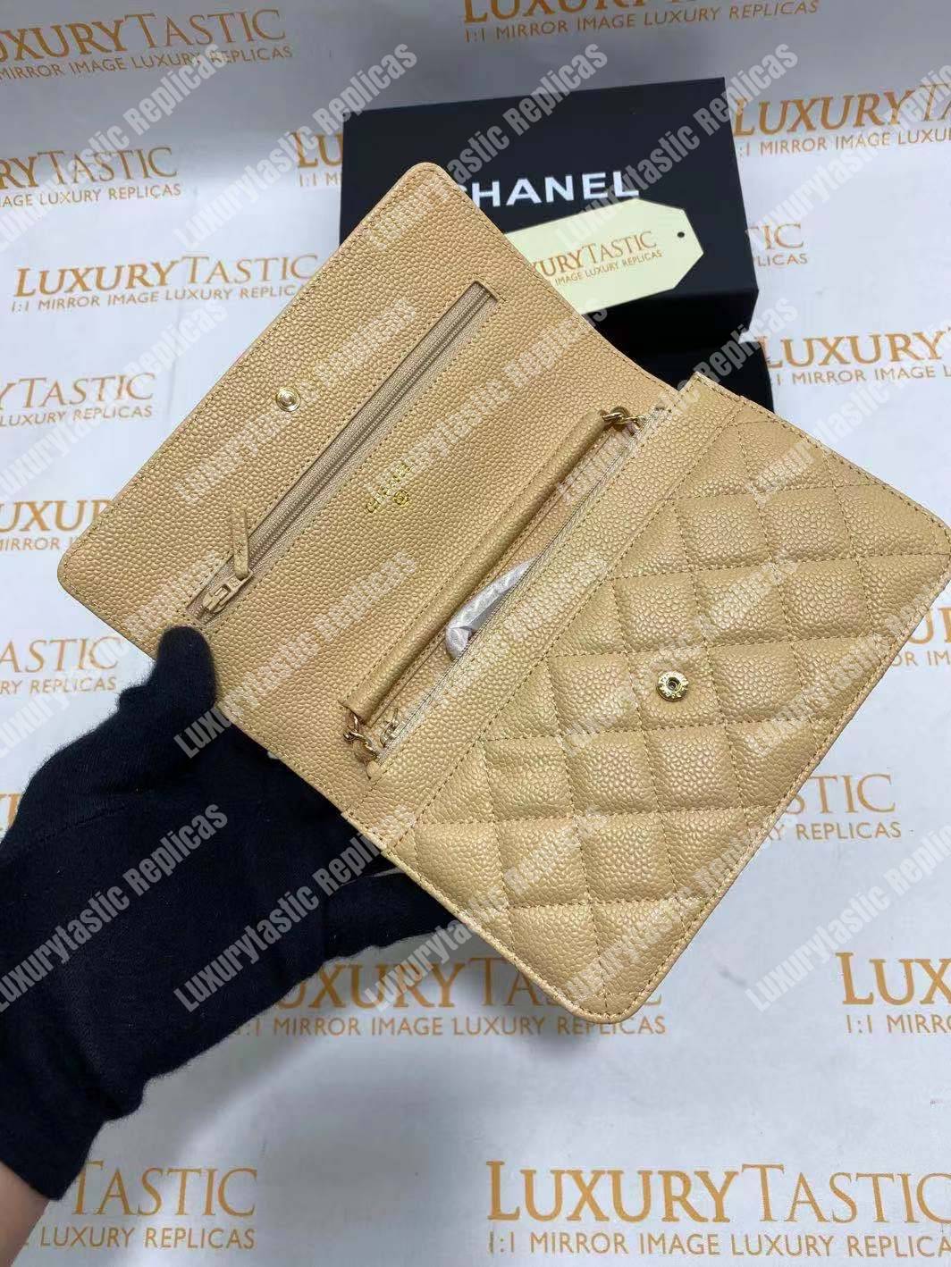 Ch*el wallet on chain – woc quilted lambskin beige gold-toned