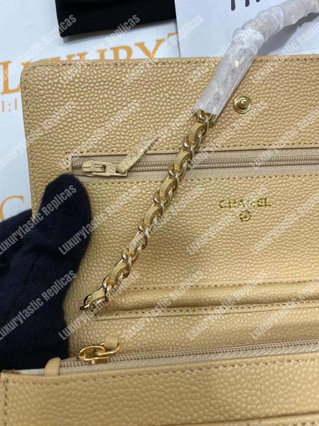 Ch*el wallet on chain – woc quilted lambskin beige gold-toned