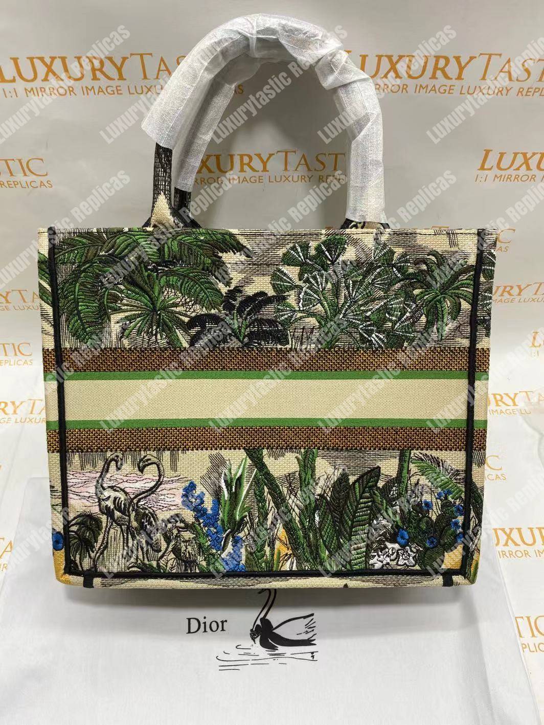 D*or book tote bag in embroidered canvas leaf green toile de jouy tropicalia