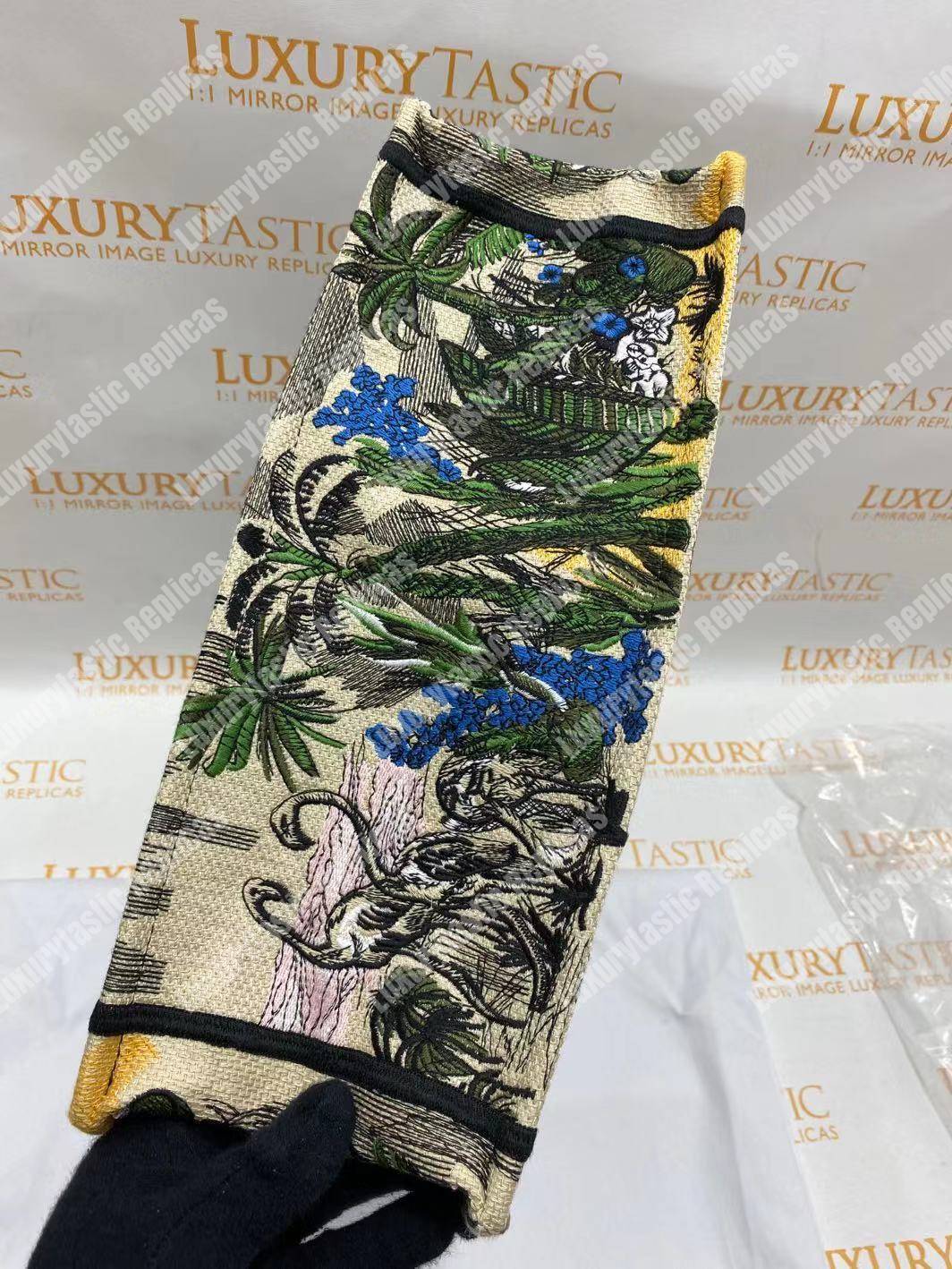 D*or book tote bag in embroidered canvas leaf green toile de jouy tropicalia