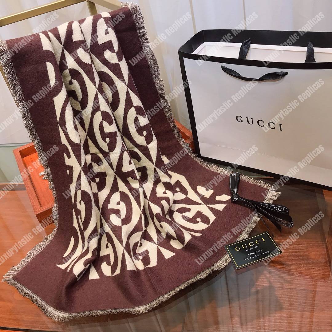 G*u*i g rhombus lamé wool jacquard stole brown white