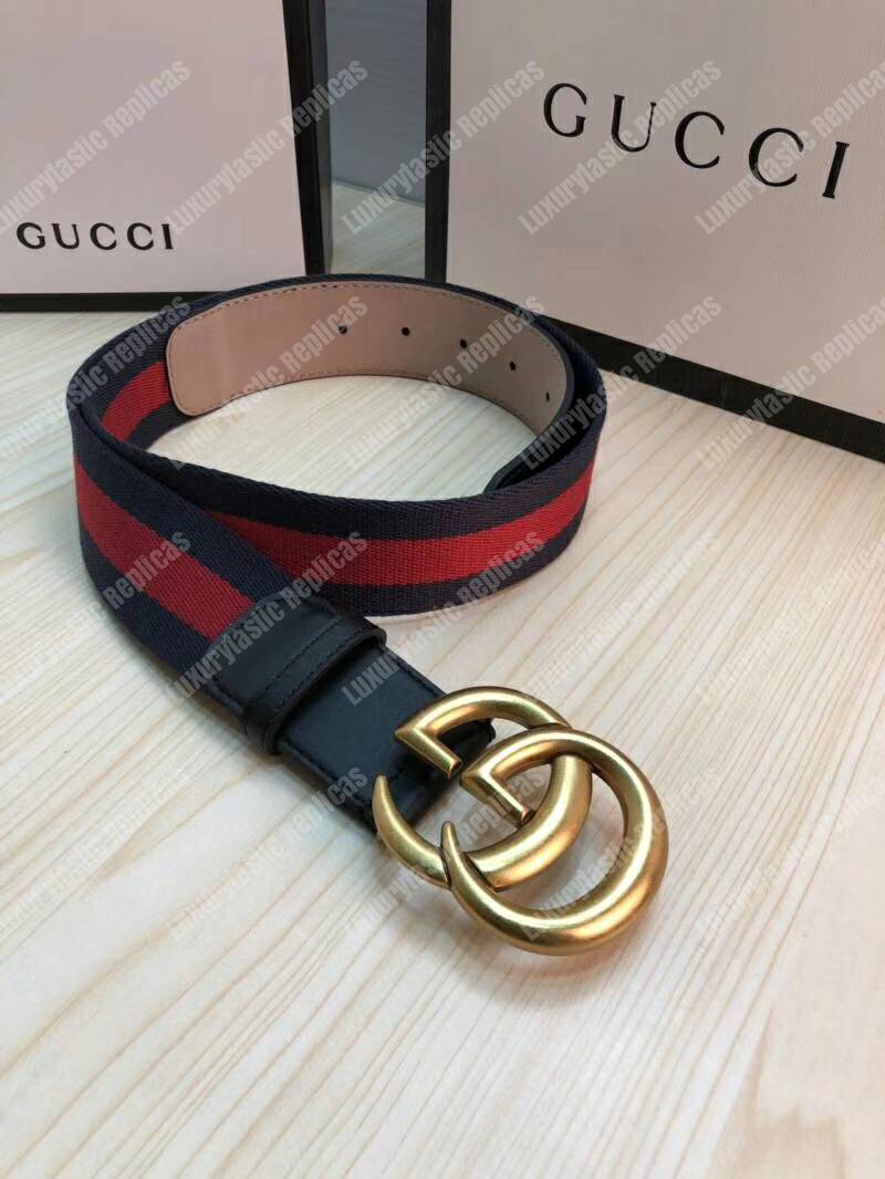 G*u*i nylon web belt with double g buckle blue and red
