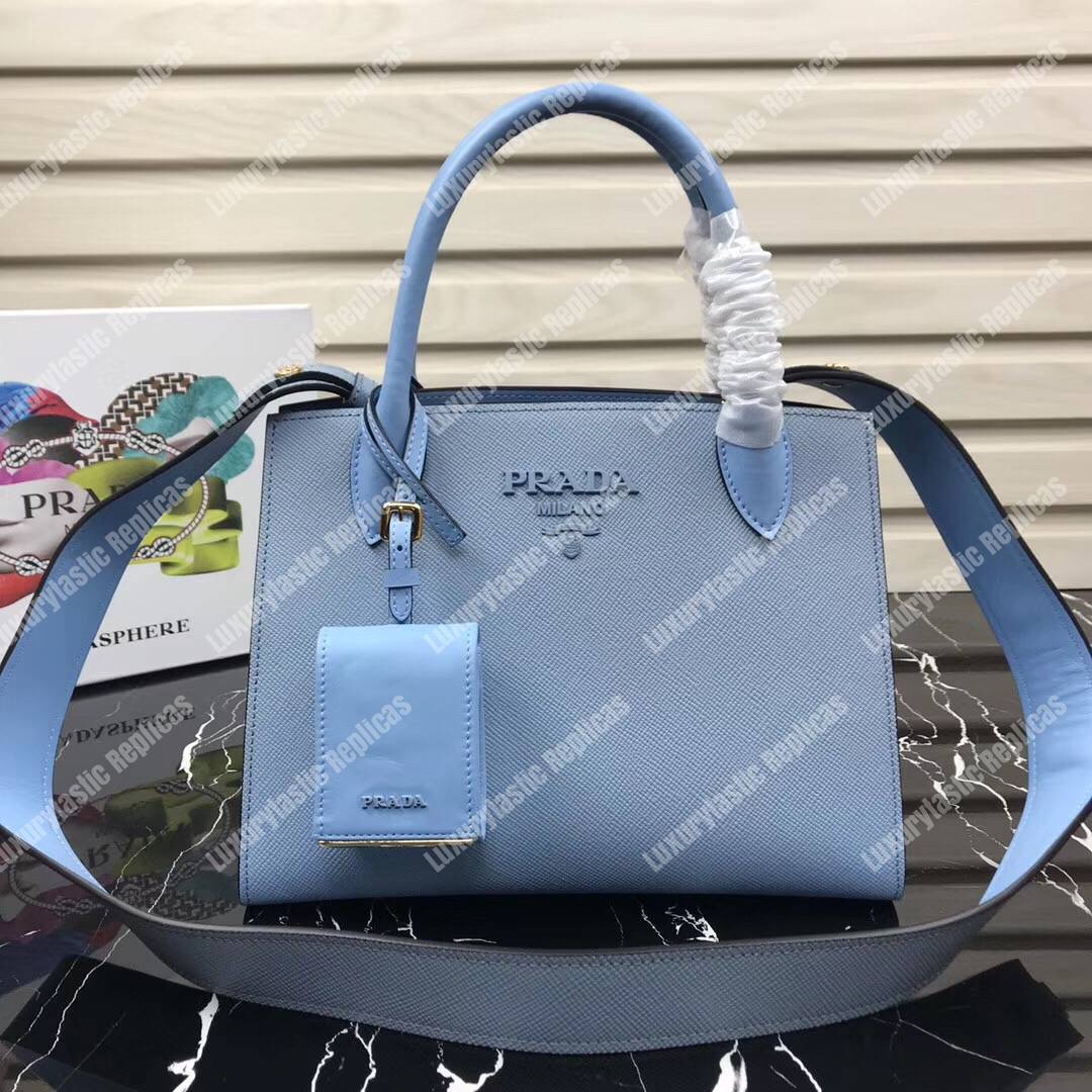 pra*a monoCh*0me saffiano leather bag light blue