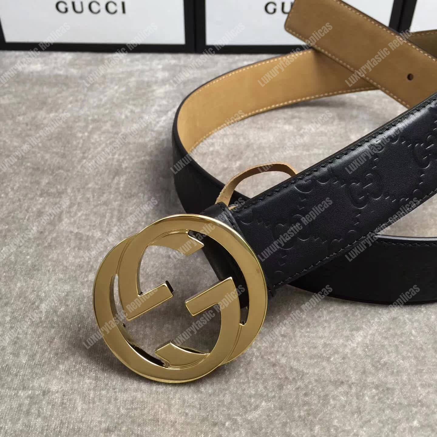 G*u*i signature leather belt with gold interlocking g buckle