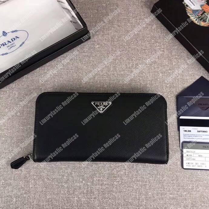 Pra*a large saffiano leather wallet black silver hardware