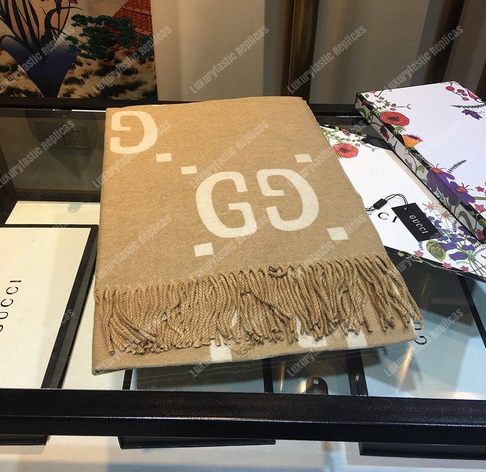 G*u*i gg jacquard wool silk scarf taupe & ivory