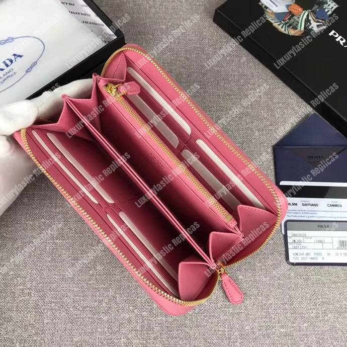 Pra*a large saffiano leather wallet pink gold hardware