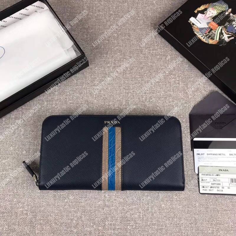 Pra*a saffiano and crocodile leather wallet blue dark blue/grey crocodile insert