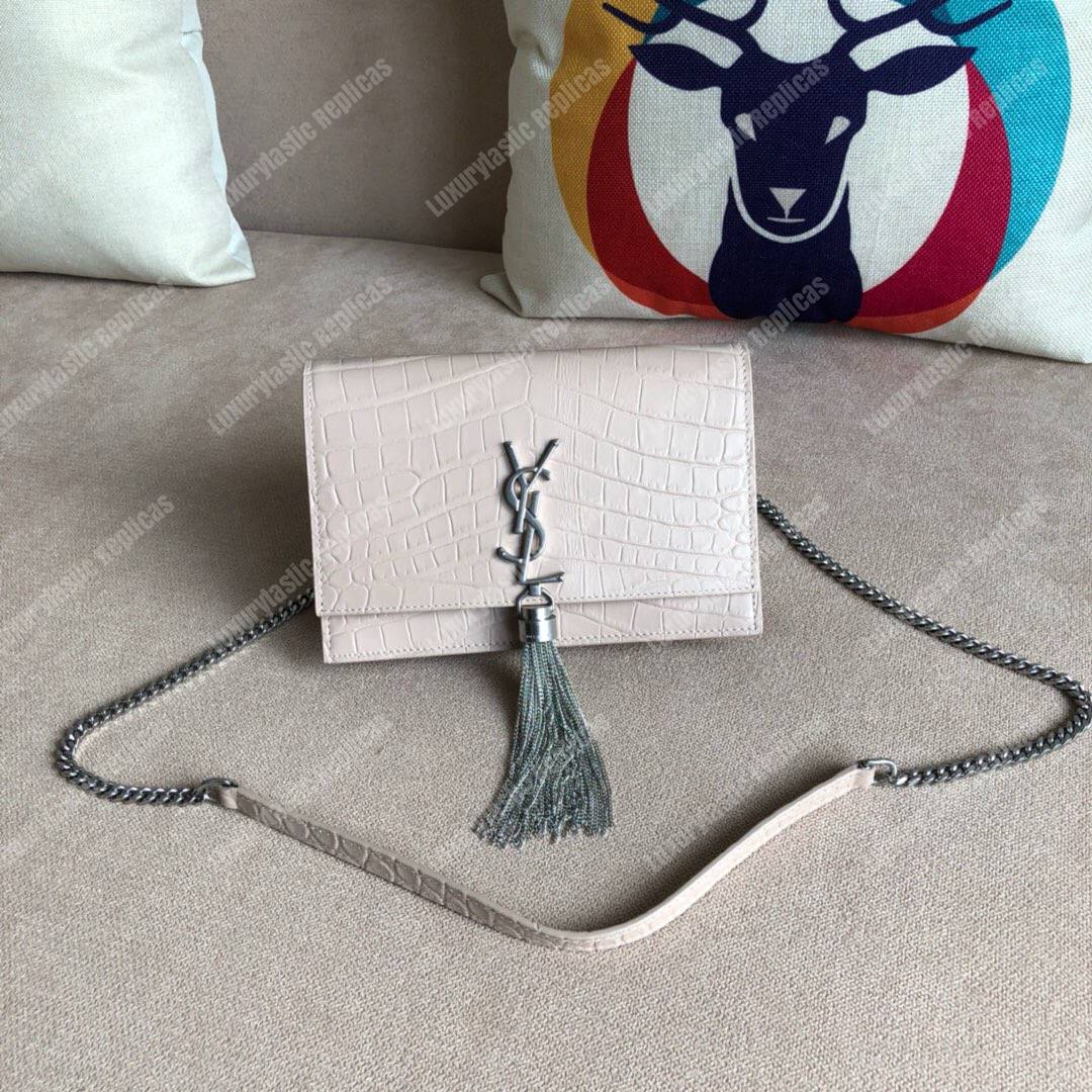 Saint Laurent Kate Chain Wallet With Tassel Ivory Crocodile