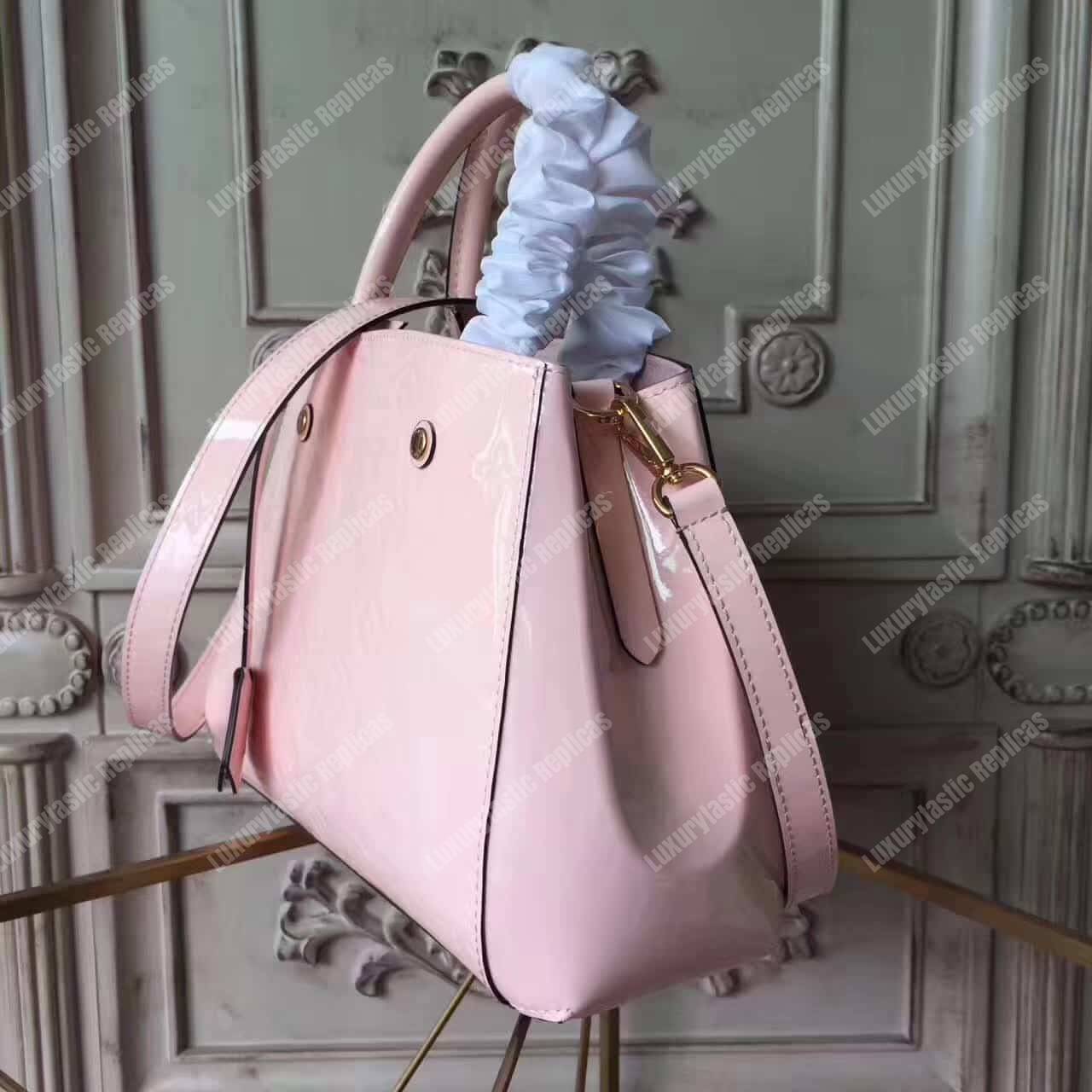 LV Montaigne BB Tote Bag Monogram Vernis Rose Ballerine