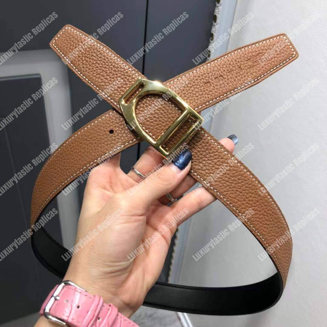 H**mes etrier buckle & reversible leather strap 32 mm noir / gold