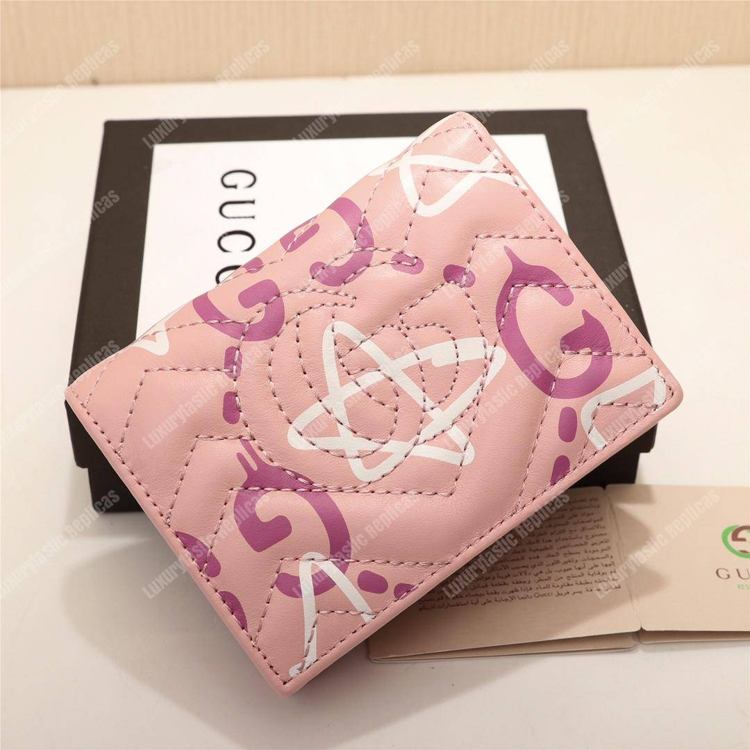 G*u*i gg purple G*u*ighost print matelassé card case wallet pink