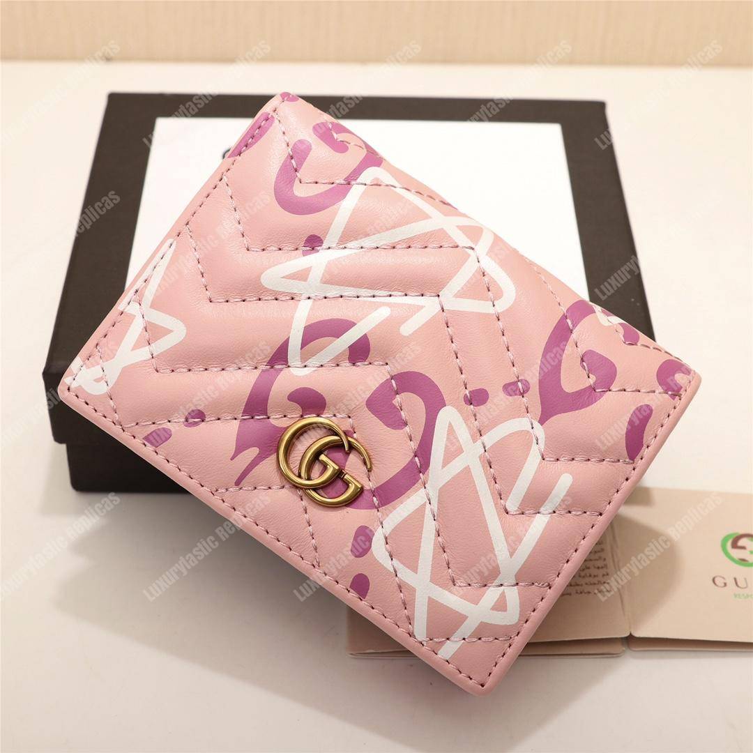 G*u*i gg purple G*u*ighost print matelassé card case wallet pink