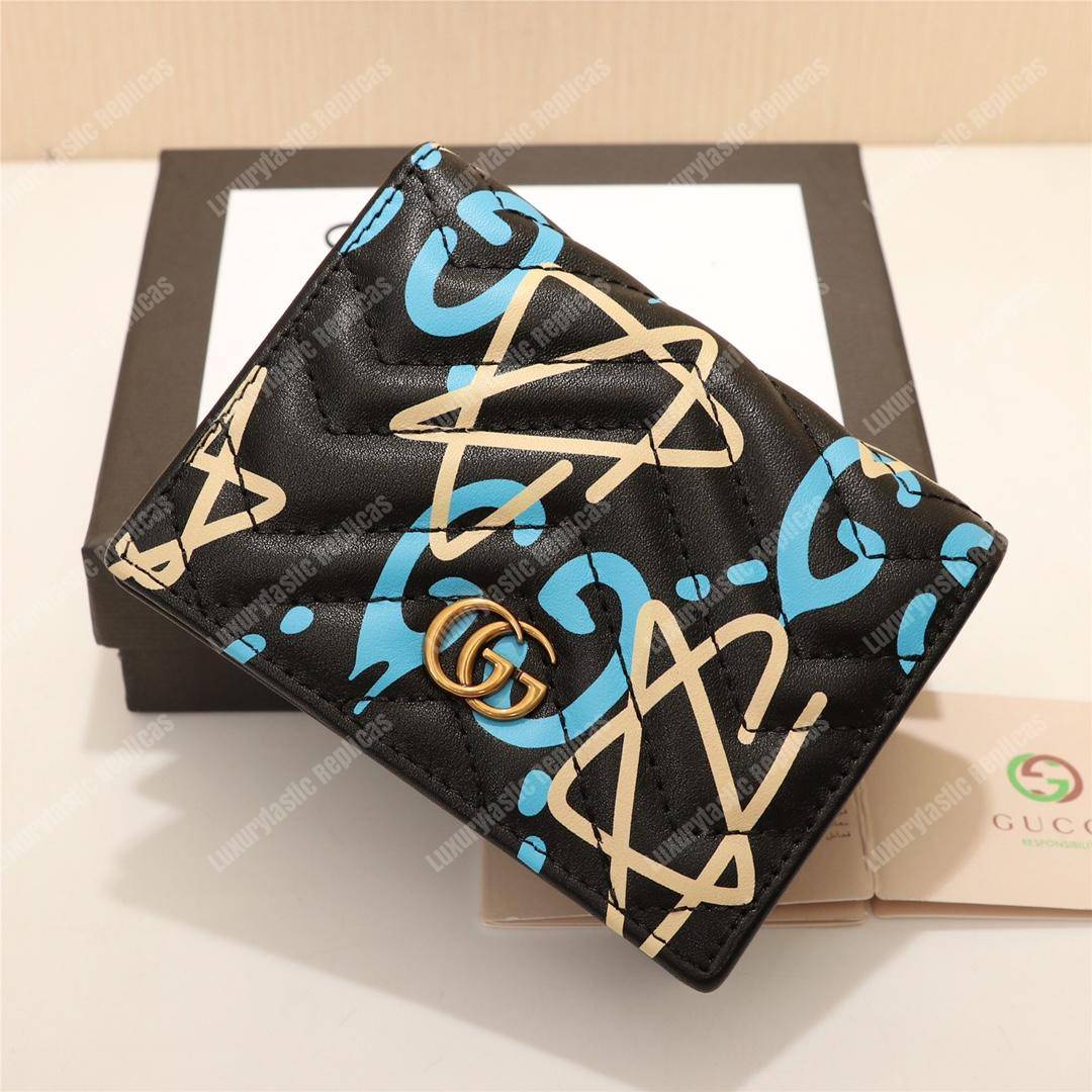G*u*i gg blue G*u*ighost print matelassé card case wallet black