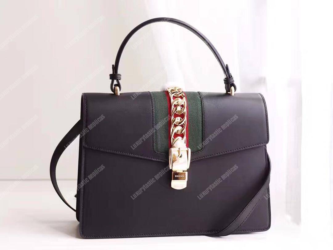G*u*i sylvie medium top handle bag black leather