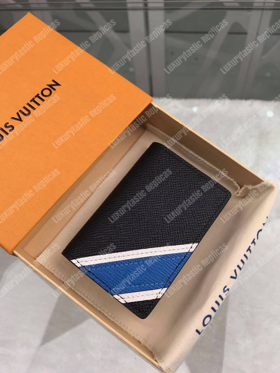 LV Pocket Organizer De Posh Blue White Stripe Taiga