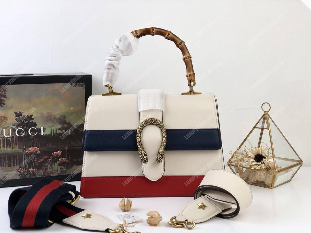 G*u*i dionysus medium smooth leather bamboo top handle bag white/blue/red