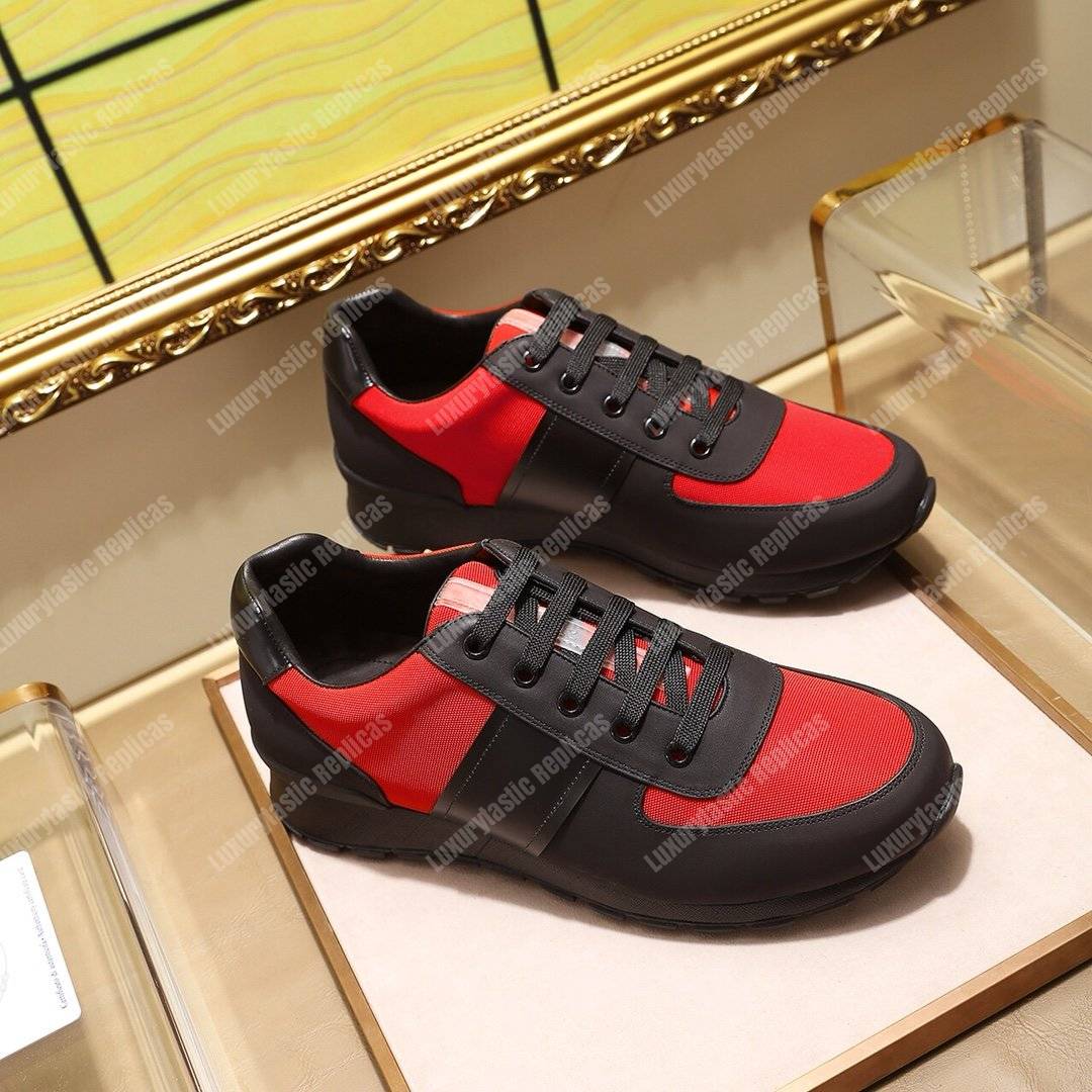 Pra*a fabric and leather sneakers red/black