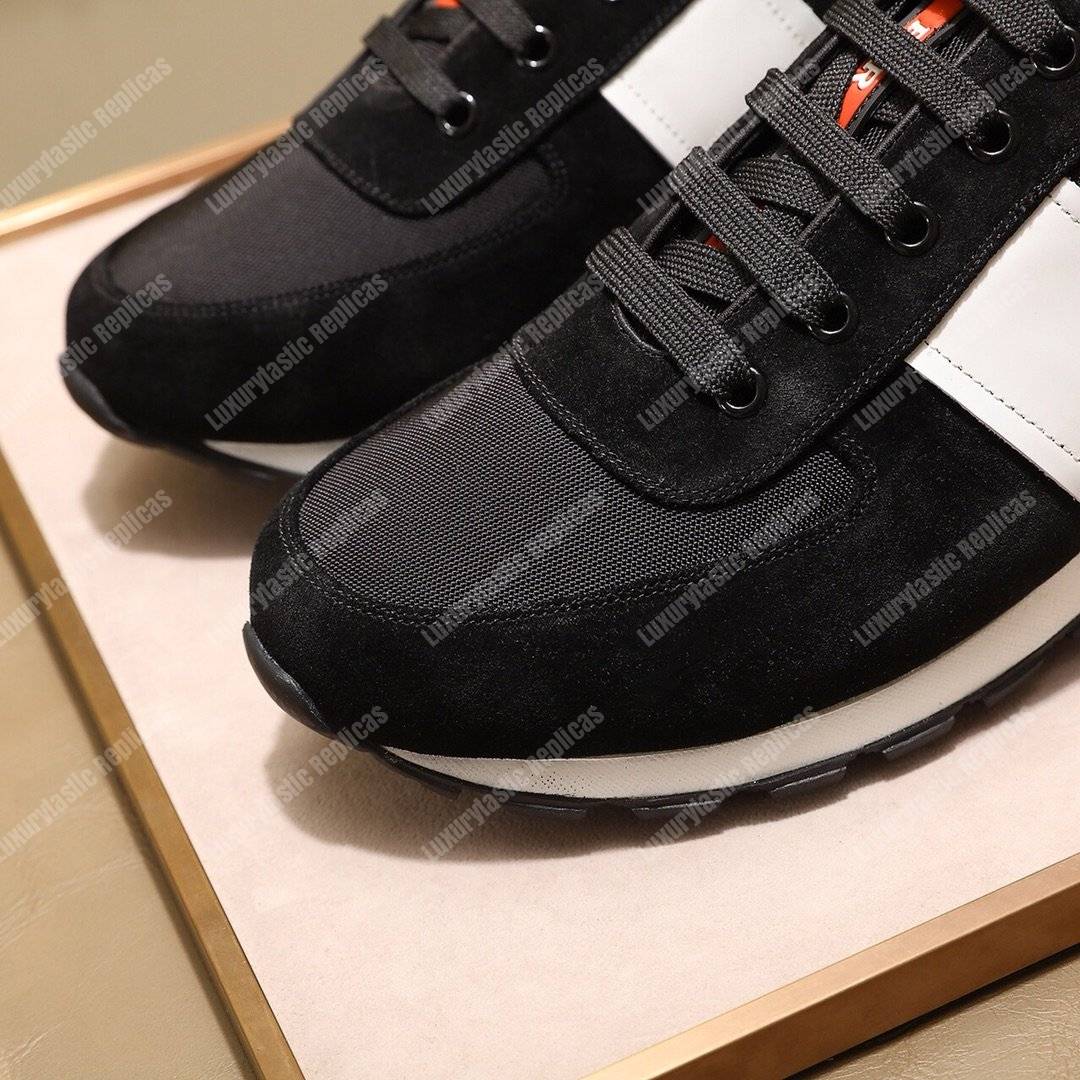 Pra*a fabric and leather sneakers black/white