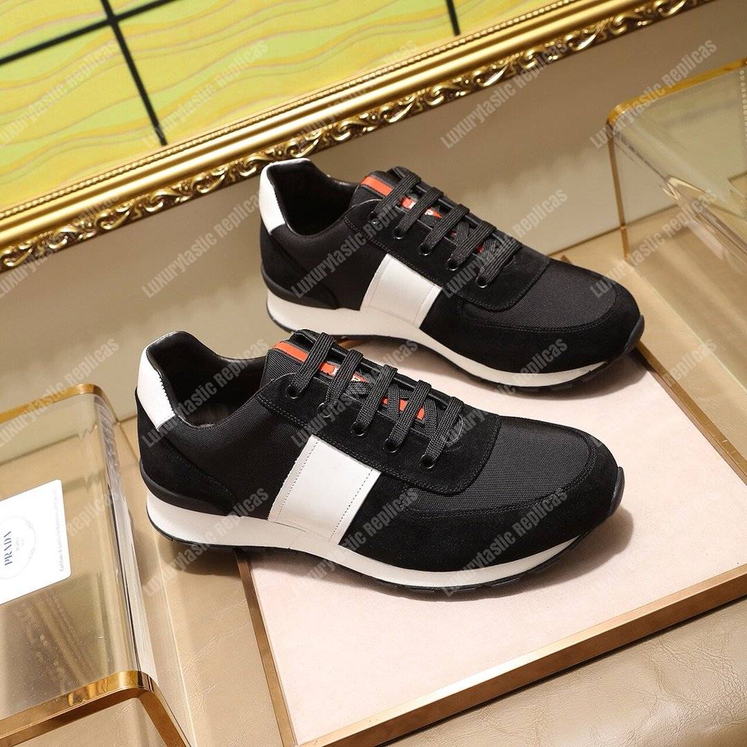 Pra*a fabric and leather sneakers black/white