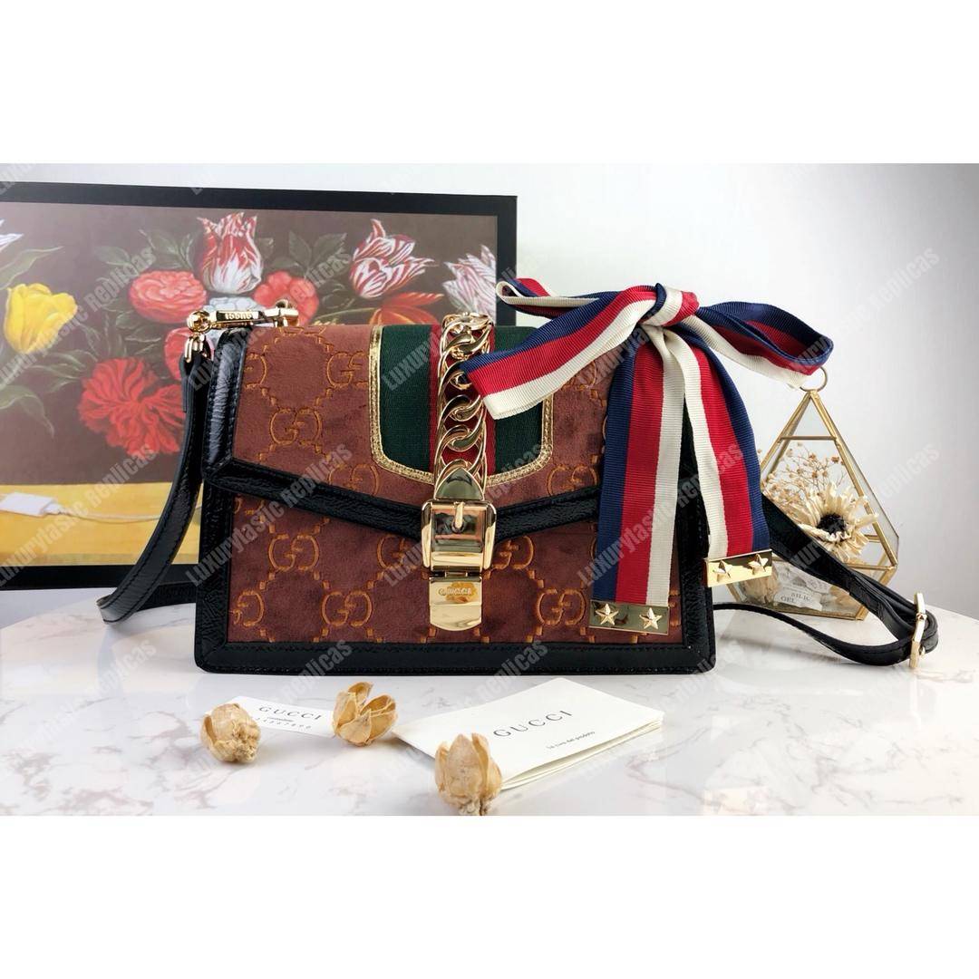 G*u*i sylvie gg velvet small shoulder bag brown