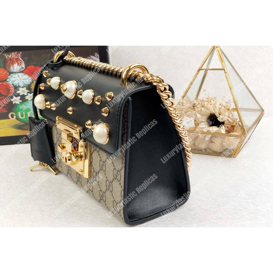 G*u*i gg sup*e padlock shoulder bag black with pearls