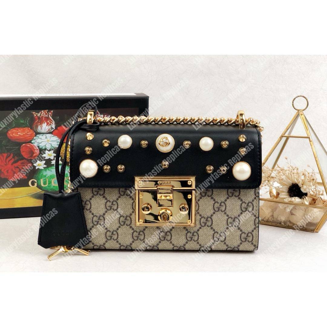 G*u*i gg sup*e padlock shoulder bag black with pearls