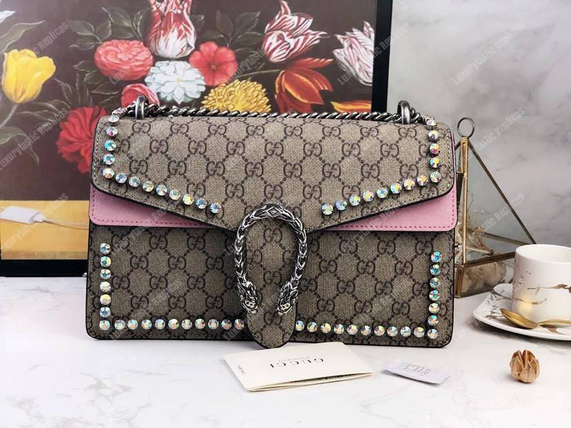 G*u*i beige pink gg sup*e coated canvas crystal small dionysus shoulder bag