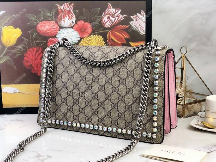 G*u*i beige pink gg sup*e coated canvas crystal small dionysus shoulder bag