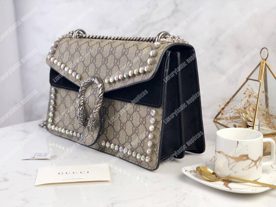 G*u*i beige black gg sup*e coated canvas crystal small dionysus shoulder bag