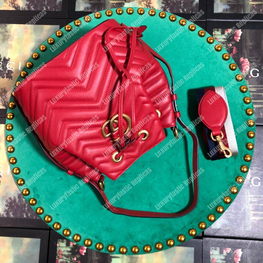 G*u*i gg marmont chevron leather bucket bag hibiscus red