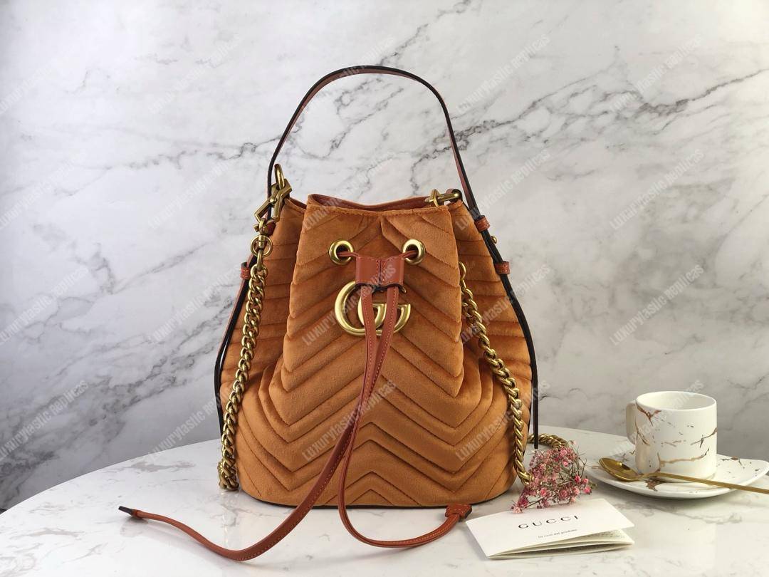 G*u*i gg marmont velvet bucket bag camel